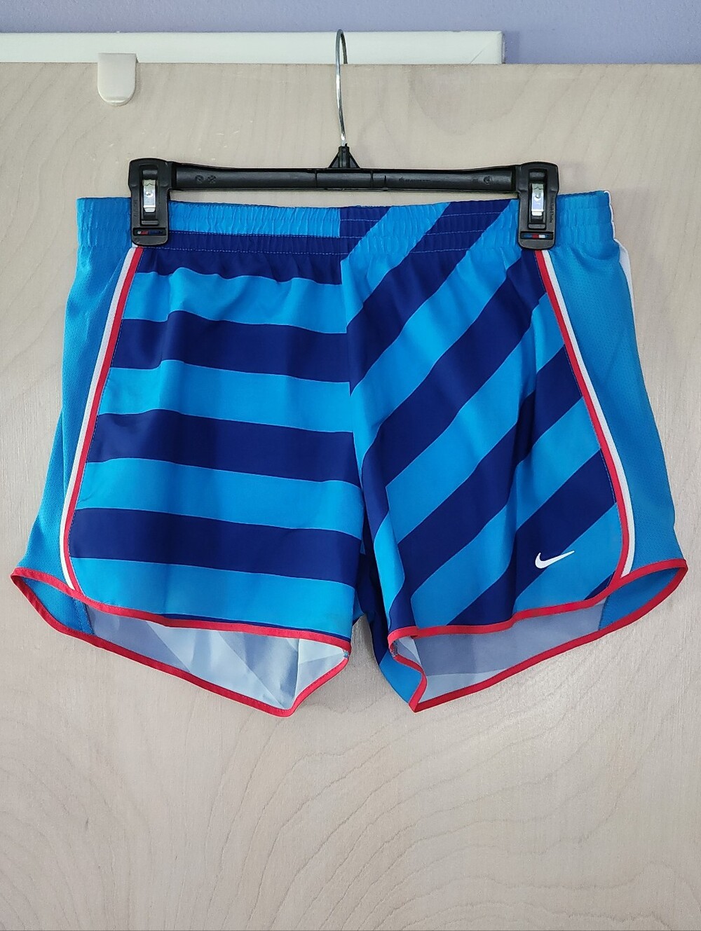 Nike Blue Striped Athletic Shorts with Red Trim